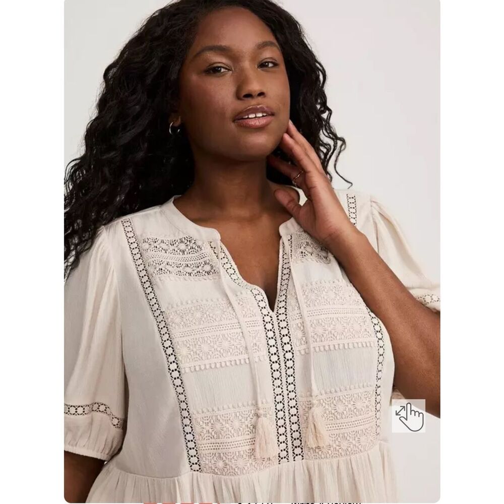 NWT torrid Cream Lace-Trim Boho Crinkle Gauze Peplum Blouse - Size 1 - Picture 3 of 13